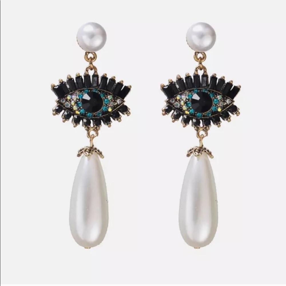 NWT Bohemian Evil Eye Pearl Drop Earrings